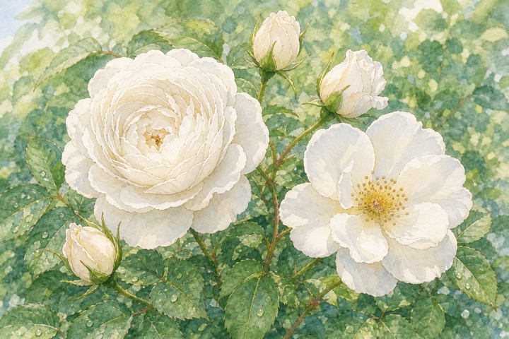 白いバラの花形を近くから描いた手描き風イラスト