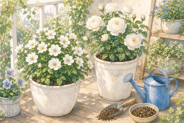 鉢植えで育つ白いバラと水やり道具の手描き風イラスト