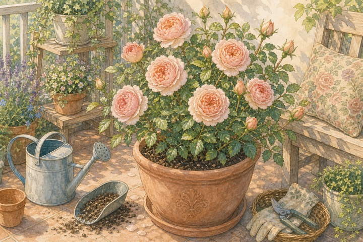 鉢植えで育つアプリコットピンクのバラと水やり道具の手描き風イラスト