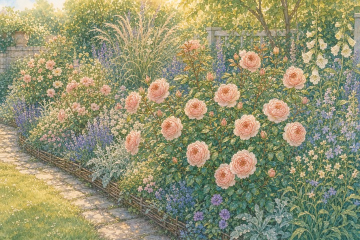 アプリコットピンクのバラと青紫の草花が調和する庭の手描き風イラスト