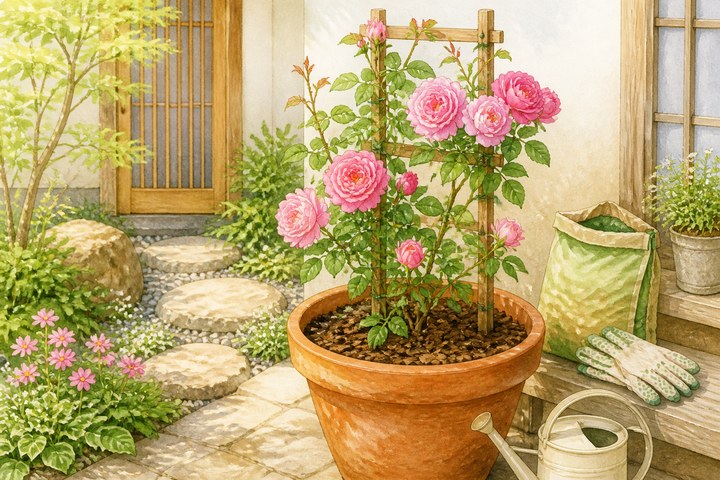 鉢植えで育てるアンジェラと園芸道具のイメージ