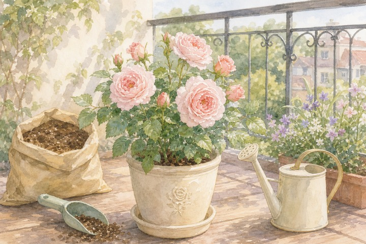 鉢植えで育てるみさきと園芸道具のイメージ