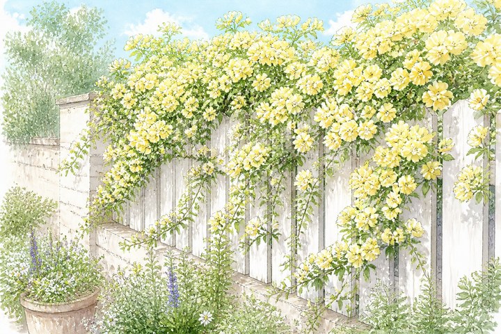 白いフェンスに咲く黄色いモッコウバラのイメージ