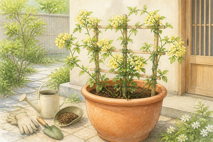 鉢植えで育てるモッコウバラと園芸道具のイメージ